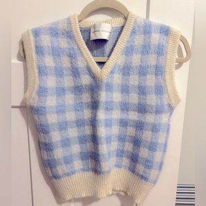 Tanner Fletcher Designer Cropped Blue/White Plaid V-Neck Sweater Vest (S) - NWOT